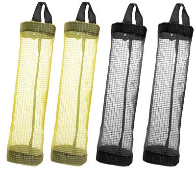 CRIVERS Organizador de Bolsas Hanging Mesh Rubbish, Portavasos Innovador Plegable, Bolsas de plástico Transparente/Dispensador de Bolsas de Basura para Cocina (2pc Amarillo+2pc Negro)