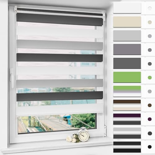 Magiea Doppelrollo Klemmfix ohne Bohren & mit Bohren, Weiß-grau-anthrazit B90 x H150 cm Stoffbreite 86 cm, Klemmrollo lichtdurchlässig und Blickdicht, Fensterrollo Sonnenschutzrollo für Fenster