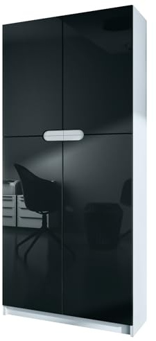 Vladon Büroschrank Logan V1, Made in Germany, Aktenschrank mit 5 Fächern und 4 Türen, Weiß matt/Schwarz Hochglanz (82 x 185 x 37 cm)