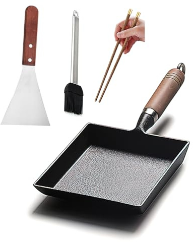 LI-GELISI Pre-Seasoned Cast Iron Tamagoyaki Pan - 9x7 Inch Japanese Rolled Omelet Pan, Non-Stick & Rust-Resistant, Ready to Use with Wood Handle, Works on All Stovetops, Camping & Kitchen