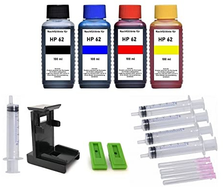 Tintenpatronen Nachfüllset kompatibel mit HP 62 Schwarz und Color (XL) Druckerpatronen - 400 ml Nachfülltinte Black Cyan Magenta Yellow, mit Adapter, Befüll-Anleitung, Zubehör
