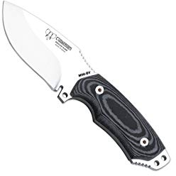 Cudeman Cuchillo 115-B* Mini Boina Verde hoja de acero inox ACX-380 de 9 cm empuñadura de micarta negra de 10 cm funda de cuero para caza, pesca, supervivencia y bushcraft + Portabotellas regalo