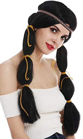 WIG ME UP - SARL087-P103 Perücke Damenperücke Karneval lang Indianerin Indianer-Frau Wilder Westem Zöpfe schwarz Stirnband