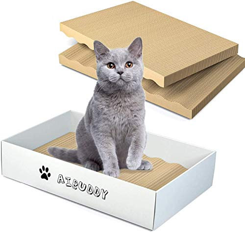 Aibuddy Lot de 3 grattoirs réversibles en Carton avec Herbe à Chat Bio [ Design Propre avec boîte à griffoir]