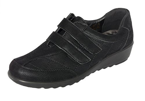 Cushion Walk Women's Ladies Wide Fitting EEE Shoes Lightweight Black Touch Fastening Low Wedge Loafers, Trainers, Casual Work Office Comfort Shoes (7 UK X-Wide, Black)