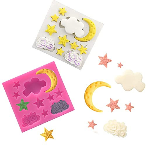 TROYSINC 2 Stück Mond Stern Wolke Silikon Form,3D Backen Silikonformen,Lebensmittel silikon Fondant dekorieren mond Sterne Wolken Form Cutter,für Kuchendekoration, Fondant,Schokolade