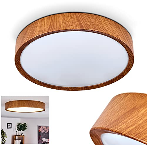 HOFSTEIN LED Deckenleuchte Nexo, moderne Deckenlampe in Holzoptik/Weiß, runde Leuchte im Boho-Design, Ø 33,5 cm, 18 Watt, 2000 Lumen, 3000 Kelvin, 18 Watt, Wohnzimmmer, Schlafzimmer, Esszimmer, Küche