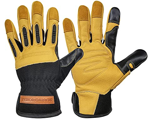 QEARSAFETY 1 pair Cowhide Work Safety Gloves, Gardening, Thorn Resistance, Mechanic Work, Palm Padded, Knuckle TPR Anti-Impact Protect, Screen Touch Fingers, Multi-Purpose