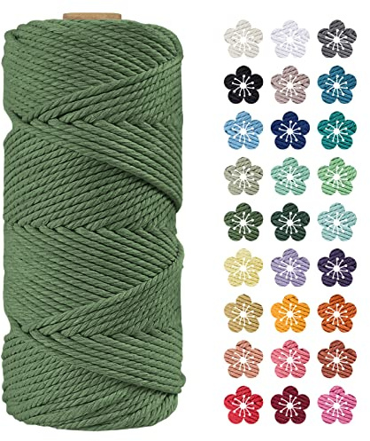 LEREATI Makramee Garn 4mm x 100m Armeegrün Baumwollkordel Natur Baumwollseil Farbig Baumwollgarn, Macrame Cord 4mm für DIY Geflochten, Makramee Deko, Hängepflanze, Wandbehang, Vorhang