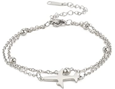 Dreamtimes Pulsera avión avión pulsera avión de acero inoxidable pulsera avión viaje por el mundo regalo piloto estilo avión pulsera moda joyas de viaje para mujeres niñas, M, Acero inoxidable