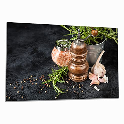 Wallario Herdabdeckplatte/Spritzschutz aus Glas, 1-teilig, 80x52cm mit 13 mm hohen Füßen, für Ceran- und Induktionsherde, Salz und Pfeffer mit Knoblauch und Rosmarin