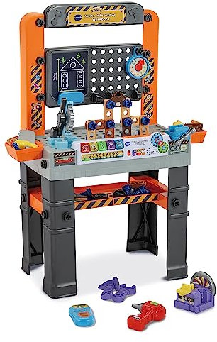 VTech Meine interaktive Werkbank – Mit 60 Zubehörteilen und realistischen Soundeffekten, Lichteffekten und Lerninhalten zu Farben und Formen – Für Kinder von 3-7 Jahren