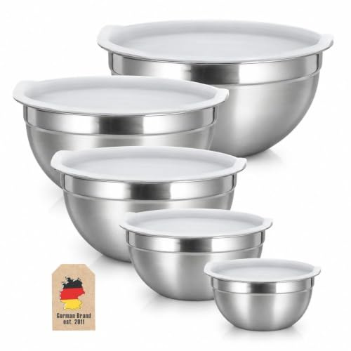 INTIRILIFE Juego de 5 ensaladeras con tapa de acero inoxidable plateado de diferentes tamaños - Para huevos, nata, ensalada o carne