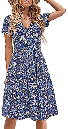 STYLEWORD Women's Summer Dress Short Sleeve V-Neck Sundress Floral Wrap Waist Casual Dress with Pockets