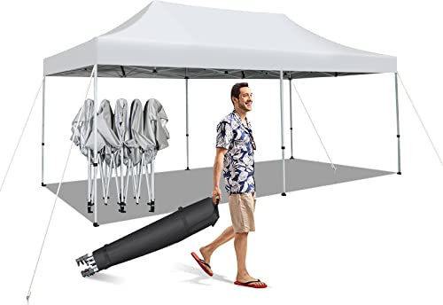 COSTWAY Carpa Plegable 6x3, Pergolas de Jardin UPF 50+ Ruedas & Bolsa Portátil, Cenadores para Jardin Pop-up Altura Ajustable, Montaje Facíl, ExteiorTerraza Blanco