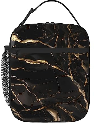 Vacsax Lonchera de mármol negro dorado para hombres, bolsa de almuerzo reutilizable para hombres adultos y mujeres, lonchera pequeña aislada para el trabajo y picnic