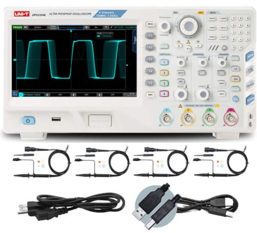 UNI-T Osciloscopio digital de fósforo UPO3354E con 4 canales, velocidad de muestra de 2,5 GSa/s en tiempo real, 250 Mpts, ancho de banda de 350 MHz
