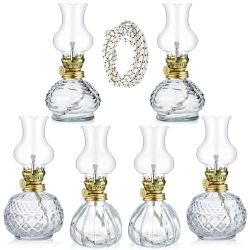 Yexiya 6 Pcs Chamber Oil Lamps Oil Lamp Vintage Glass Kerosene Lamp Bulk with Adjustable Fire Wick Rustic Clear Hurricane with 6.6 ft Extra Wick for Indoor Use Home Decor 8 Inch (Vivid)