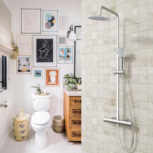 OCEAN ITALY Colonna Doccia con Miscelatore Termostatico, Soffione Doccia Rontondo 20cm con Rubinetto Larghezze 28cm Diametro 40mm, Doccetta 3 getti, Asta Regolabile 735-1170mm, cromato
