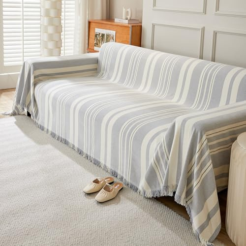 VanderHOME Copridivano elasticizzato a 2 3 4 posti, Coperta per divano resistente alle macchie, Coperta per divano per tutte le stagioni con frangia delicata 180 * 340cm-Grigio chiaro