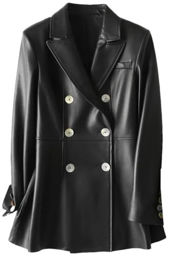 Leder Blazer Mäntel Für Frauen Gekerbt Revers Zweireiher Büro Damen Schaffell Jacken, Schwarz , 52