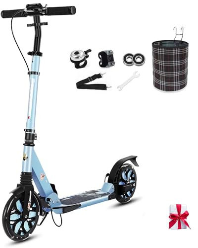 Big Wheel Scooter mit Ständer- Aluminium-Roller mit LED aufleuchten Räder & Tragegurt- Höhenverstellbarer & Klappbarer Cityroller-bis zu 150kg- Tretroller für kinder ab 8 jahre & Erwachsene ,Blau