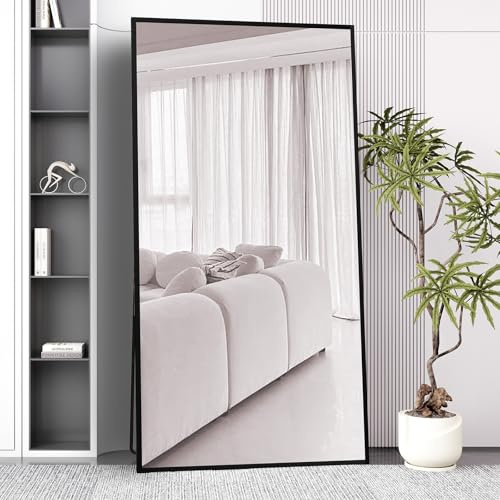 Beauty4U Full Length Mirror 200x100cm, Black | Free Standing, Hanging or Leaning, Rectangle Large Floor Mirror with Aluminum Alloy Frame for Living Room or Bedroom