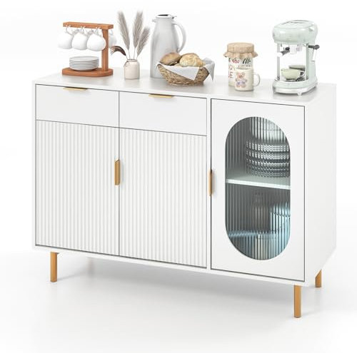 GOPLUS Küchenschrank, Sideboard Küche mit Schubladen, Glastür & Metallbeinen, Buffetschrank aus Holz, Beistellschrank, Geschirrschrank, Aufbewahrungsschrank, Weiß, 120 x 40 x 88 cm