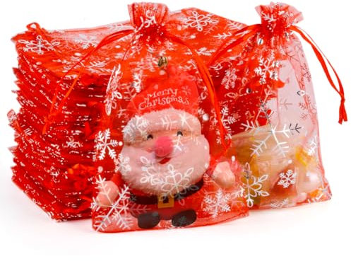 CLTPY 100 Stück 10x15 CM Organzasäckchen Weihnachten Rot, Schneeflocken Organza Säckchen, Schmuckbeutel, Geschenksäckchen, Geschenk Organzabeutel, Geschenkbeutel Weihnachten für Hochzeiten Party