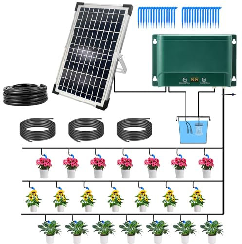 Lewisia 10W Solar Automatic Drip Irrigation Kit Auto Watering System Solar Powered Auto-Irrigation Set for Garden Raised Beds Patio Lawn Greenhouse Potted Plants Up to 50 Plants