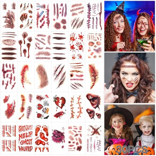30 Blatt Halloween Narben,Halloween Tattoo Gesicht,Wunden,Tattoo,Temporäre Scars Klebetattoos Zombie Blut für Kratzer Karneval Schminke,Gruselig Make up Requisiten Cosplay