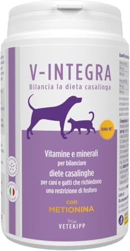 V-INTEGRA Renal Met* Perros y Gatos (*con metionina) - Suplemento Completo de Vitaminas y Minerales para la Dieta casera de Perros y Gatos Que Requieren Restricción de Fósforo - 200g - Made in Italy