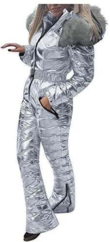 Generisch Women's Winter Jacket Size 50 Women Solid Casual Hot Snowboard Ski Suit Outdoor Sports Zip Cotton Lined with Hood Jumpsuit Ski Suit Winter Parka Girls 164, silver, L
