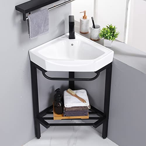 Badezimmer-Waschbecken, weiße Keramik-Konsole, Standwaschbecken, freistehende Waschbecken, Waschbecken aus Porzellan, rechteckig mit Edelstahl-Metallbeinen, Ständer, Waschtisch, schwarzes Ablagefach