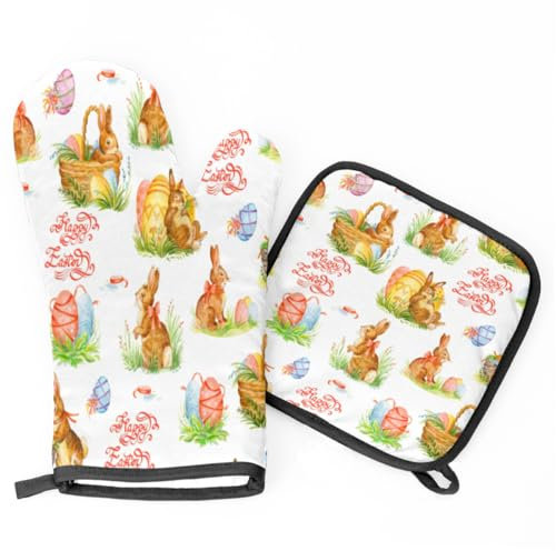 Set di 2 guanti da forno pasquali e presine con uova di coniglio, resistenti al calore, guanti da cucina per cucinare barbecue