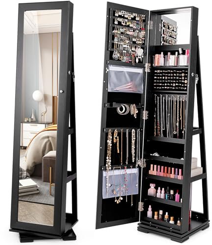 RELAX4LIFE Armoire a Bijoux Pivotante à 360º, Miroir sur Pied avec Rangement Bijoux Verrouillable, Anti-Rayures avec Doublure, 3 Étagères Arrières, pour Bague Bracelet Boucles (Noir)