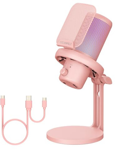 Feelworld VM1 Pink Gaming PC USB Micrófono de Condensador con cancelación de Ruido Mute Luz RGB, Accesorios de Ordenador para Gamer Youtube Twitch Podcast Streaming Grabación Online Chat PS4 PS5