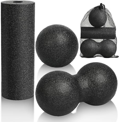 LOPHE Juego de 3 bolas de masaje, rodillo de espuma de masaje muscular, bola de cacahuete para masaje de fascia, doble bola de lacrosse, bola de automasaje con bolsa de almacenamiento, alivia la