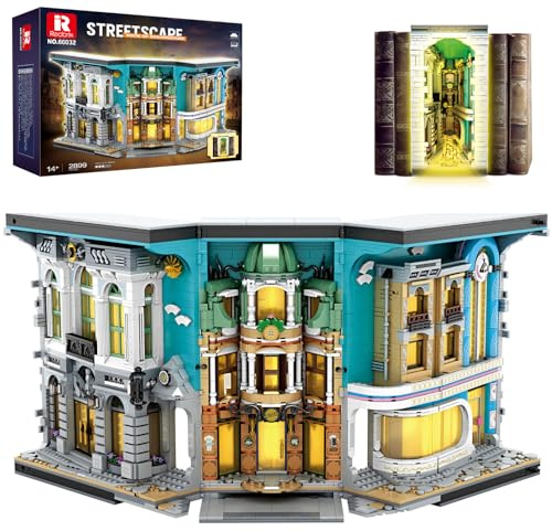 Reobrix Book Nook Gebäude Bausatz,Straßenbild Baustein mit LED-Licht 66032 | Buchstützen Modellbau, Architektur Bücherregal , Erwachsenen Sammlerstück,Klappbar Bastelset, Geschenk ab 14, 2899 Teile