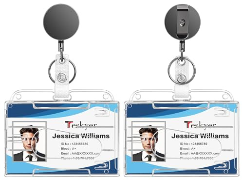 Teskyer 2 Stück Ausweishalter Ausziehbar - Transparent, Hartplastik, mit Metallkonstruktion, Nylonschnur, für 2 Kartenfächer, Horizontales
