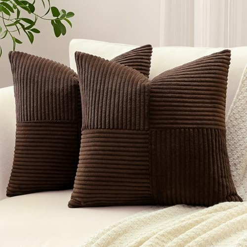 Sungeek Set med 2 dekorativa kuddöverdrag 50 x 50 cm Mjukt manchester med ränder Kryss Patchwork Texturerad kuddfodral Solida fyrkantiga kuddöverdrag för soffa Sängbädd Uteplats 20x20 tum, Mörk Brun