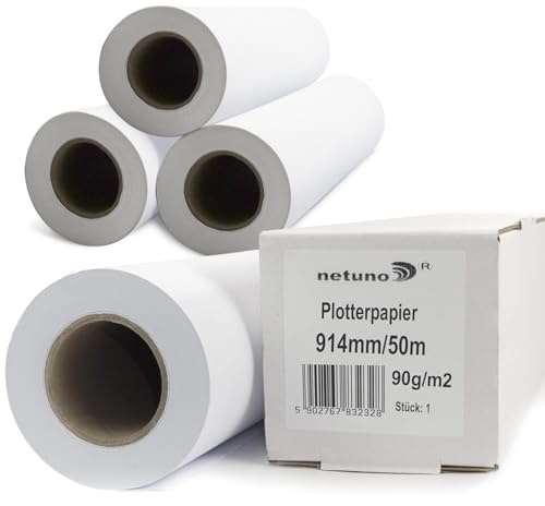 Netuno 4 Rollen Plotterpapier Weiß 90g 914 mm x 50 m 50 mm 2 Zoll Kern Zeichenrollen matt Inkjet Standardrolle für Großformatdrucker Kopierer Baupläne technische Zeichnungen Engineering Papier CAD