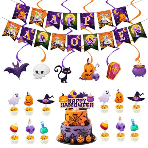 KASESSS 20 Pezzi Striscioni per Halloween Set, Festone di Happy Halloween, Appendere a Spirale, Zucca Pipistrello Fantasma halloweens Cake Topper, Addobbi per Esterno, Interno, Giardino, Porta, Festa