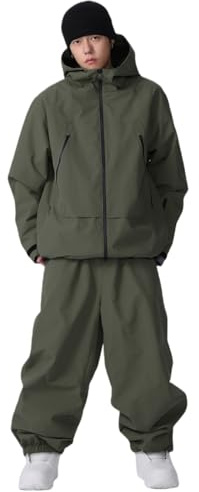 Skidjacka för män och kvinnor, skidbyxor, set skidkläder, 2 delar, snödräkt, vattenpelare, snöjacka, ventilerande remmar, vindtäta snöbyxor för skidåkning, snowboard, militärgrön, XL