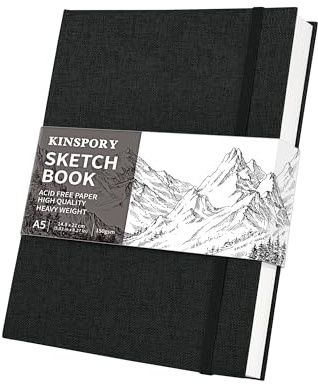 KINSPORY Taccuino Schizzi con Copertina Rigida in Tessuto, Blocco Schizzi, 50 Fogli Carta Schizzi Professionale Forata 150 g/m², Blocco da Disegno da Viaggio per Artisti, Adulti (nero, A5 (50 Fogli))