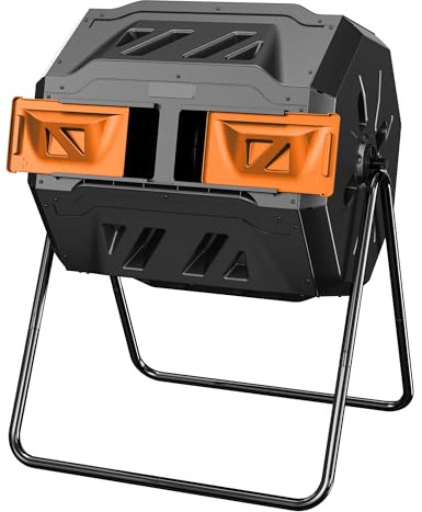 Compost Bin Outdoor, 43-Gal Dual Chamber with Steel Frame, Lagre Compost Tumbler with 2 Sliding Door and Aeration System, 360° Rotating, Tumbling Composter Bin for Kitchen, Garden, Yard, Black Orange