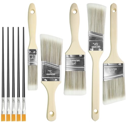 5pcs Wood Stain Brush Pack, Angled Sash Paint Brush Set, Assorted Sizes | Masonry Paintbrush with Wooden Handles for Trim, Wall Touch-Ups, Furniture Varnish, Paste and Gesso Application Tasks