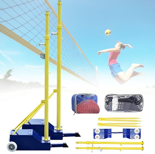 Fablestoryem Tragbarer Badmintonnetzständer mit Volleyball-/Badmintonnetz, höhenverstellbaren (1,55–2,1 m), mobilem Volleyballnetzständer mit Rollen, Outdoor-Sportgerät für Erwachsene und Jugendliche