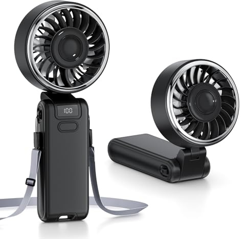 Wasuka Ventilador de Mano Portátil, Ventilador de Mesa Plegable con Pantalla LED, 5 Velocidades, Mini Ventilador USB Recargable, Ventilador Pequeño para Oficina, Dormitorio, Viaje y Camping (Negro)