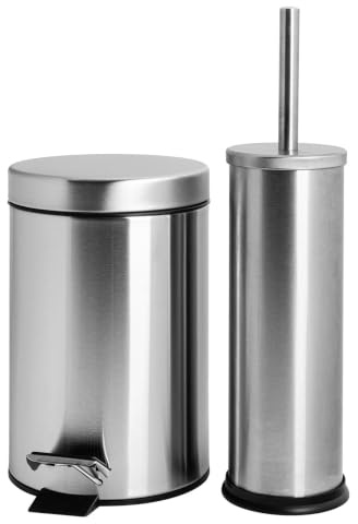 Harbour Housewares 3L Bathroom Bin & Brush Set - Brushed - 2pc Round Stainless Steel Pedal Bin & Toilet Brush Set Slim Small Trashcan for Kitchen Waste, Bathroom Rubbish